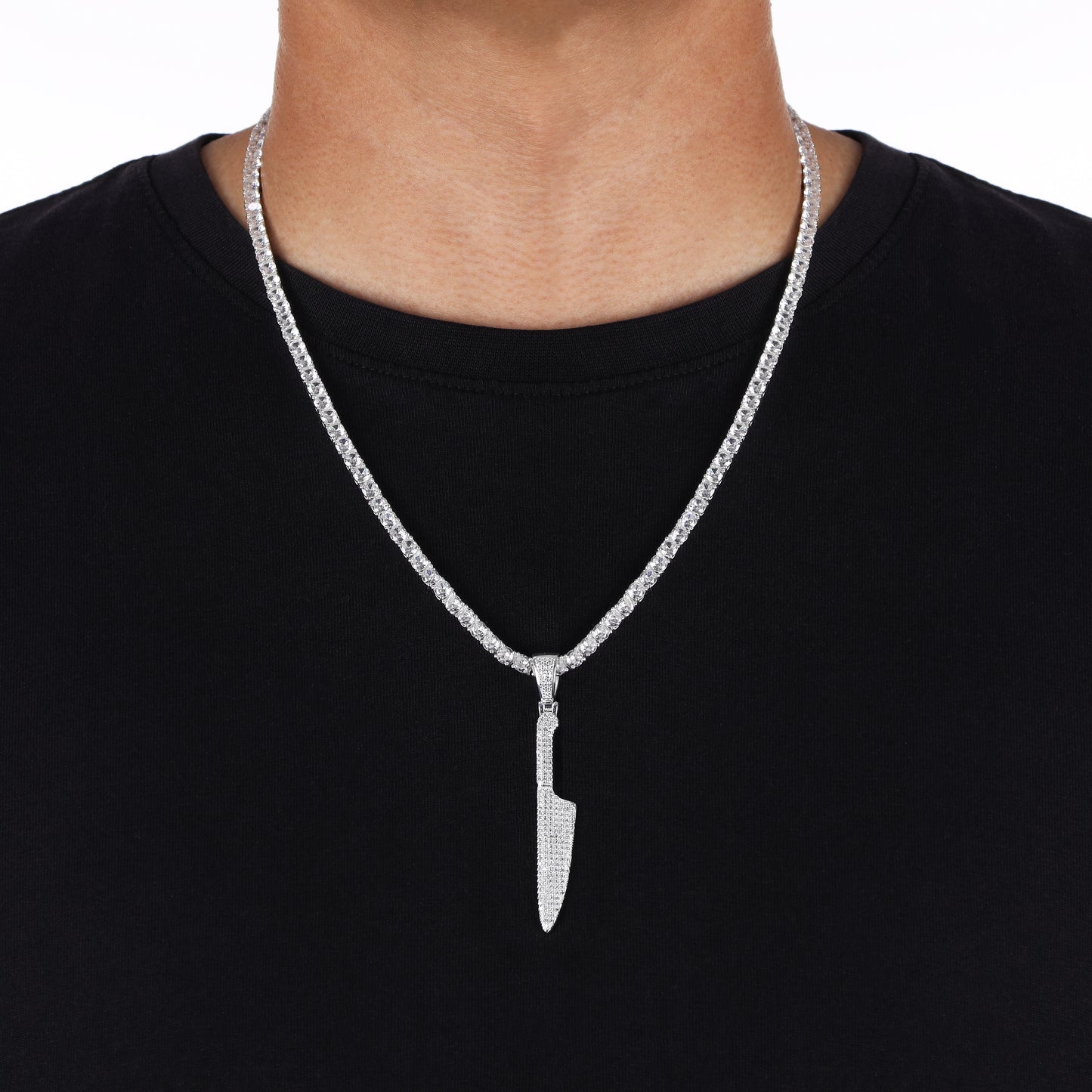 Knife Iced Out Style Pendant - 925 Sterling Silver